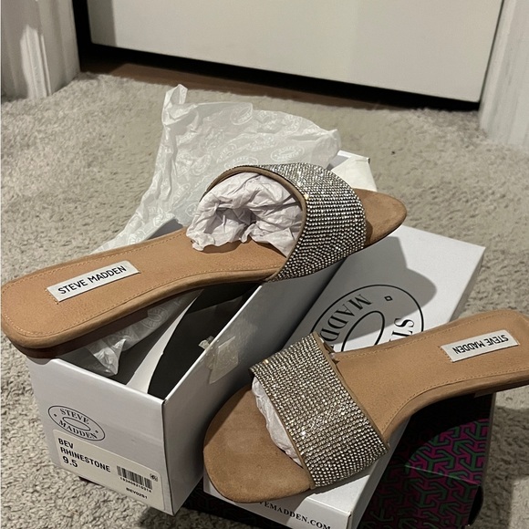 Steve Madden Shoes - Steve Madden Rhinestone Slide Sandals - Tan and Silver